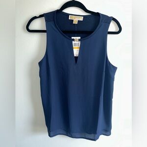 Michael Kors Deep Blue Sleeveless Blouse with Deep V and Gold Accent